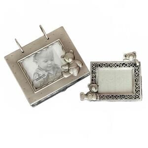 Set of 2 Silver Tone Teddy Bear Baby Photo Frames & Album